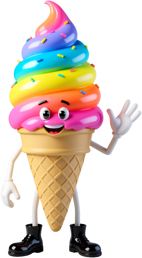 Frosty the rainbow ice-cream mascot, waving hello